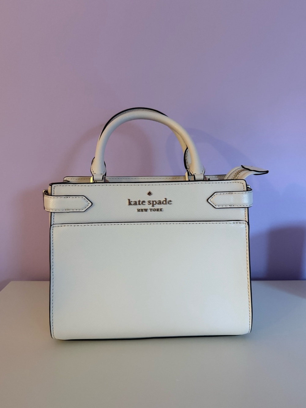 kate spade white leather top-handle satchel with gold logo